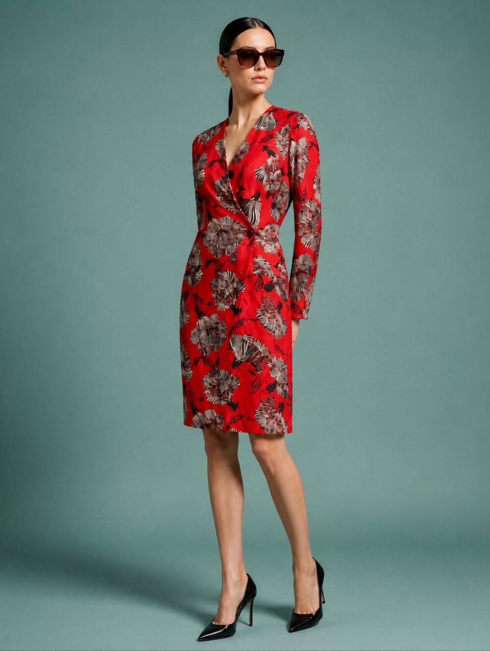 Vintage 80s Red Black Floral Silk Suit Sz 14 Double Breasted Midi Retro Cocktail